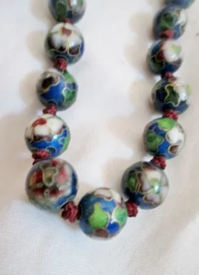 23" Handmade Knot CLOISSONNE Enamel Glass Bead Necklace BLUE FLORAL Statement China