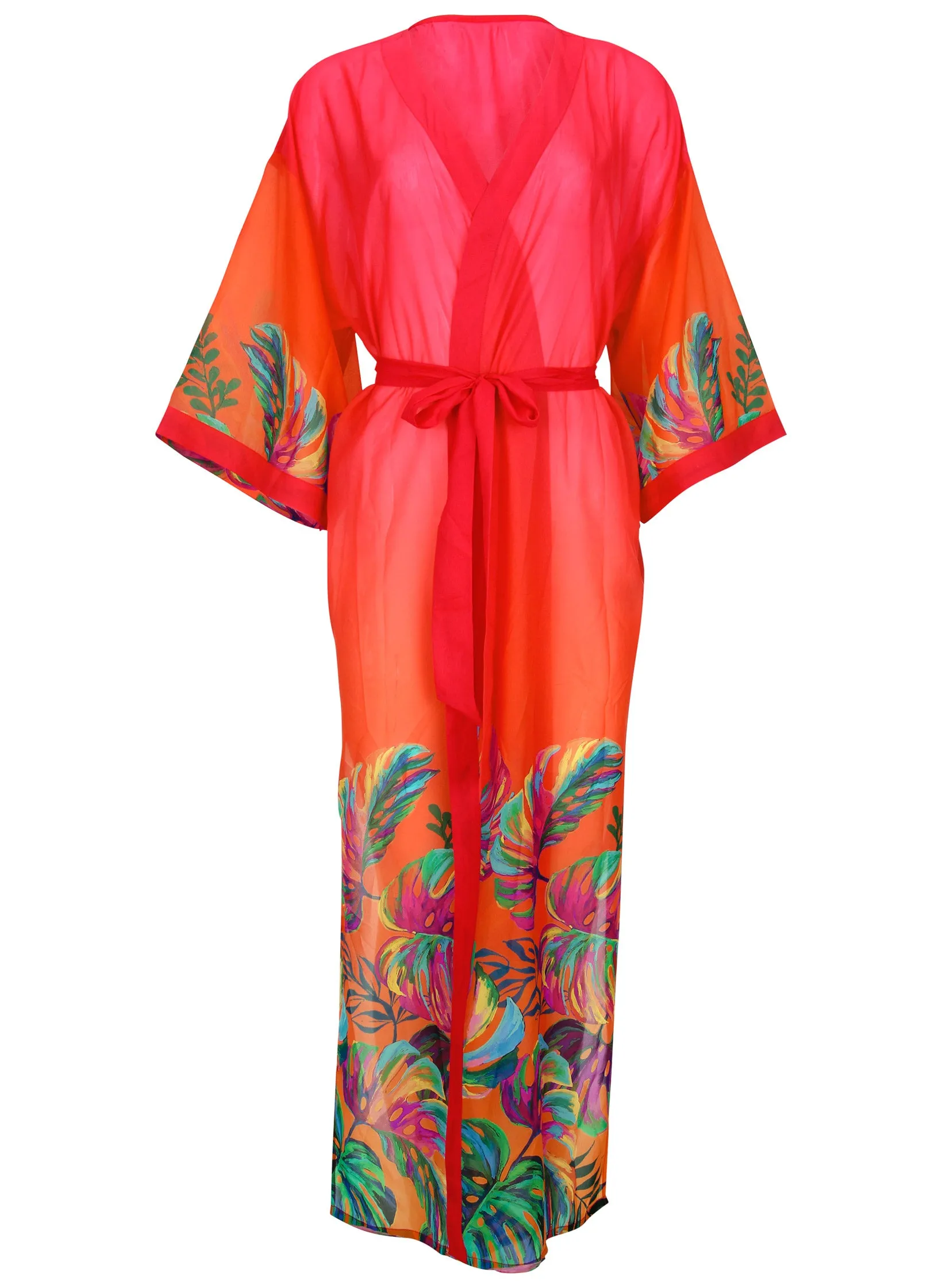 Belted Kimono Cover-Up - Tropical Sunset Border