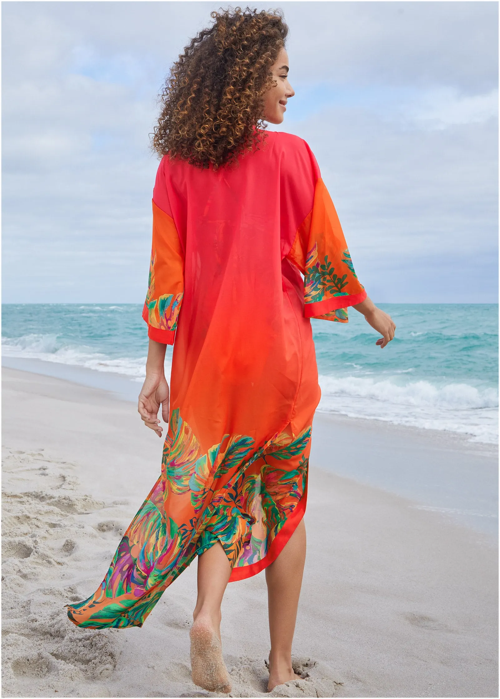 Belted Kimono Cover-Up - Tropical Sunset Border