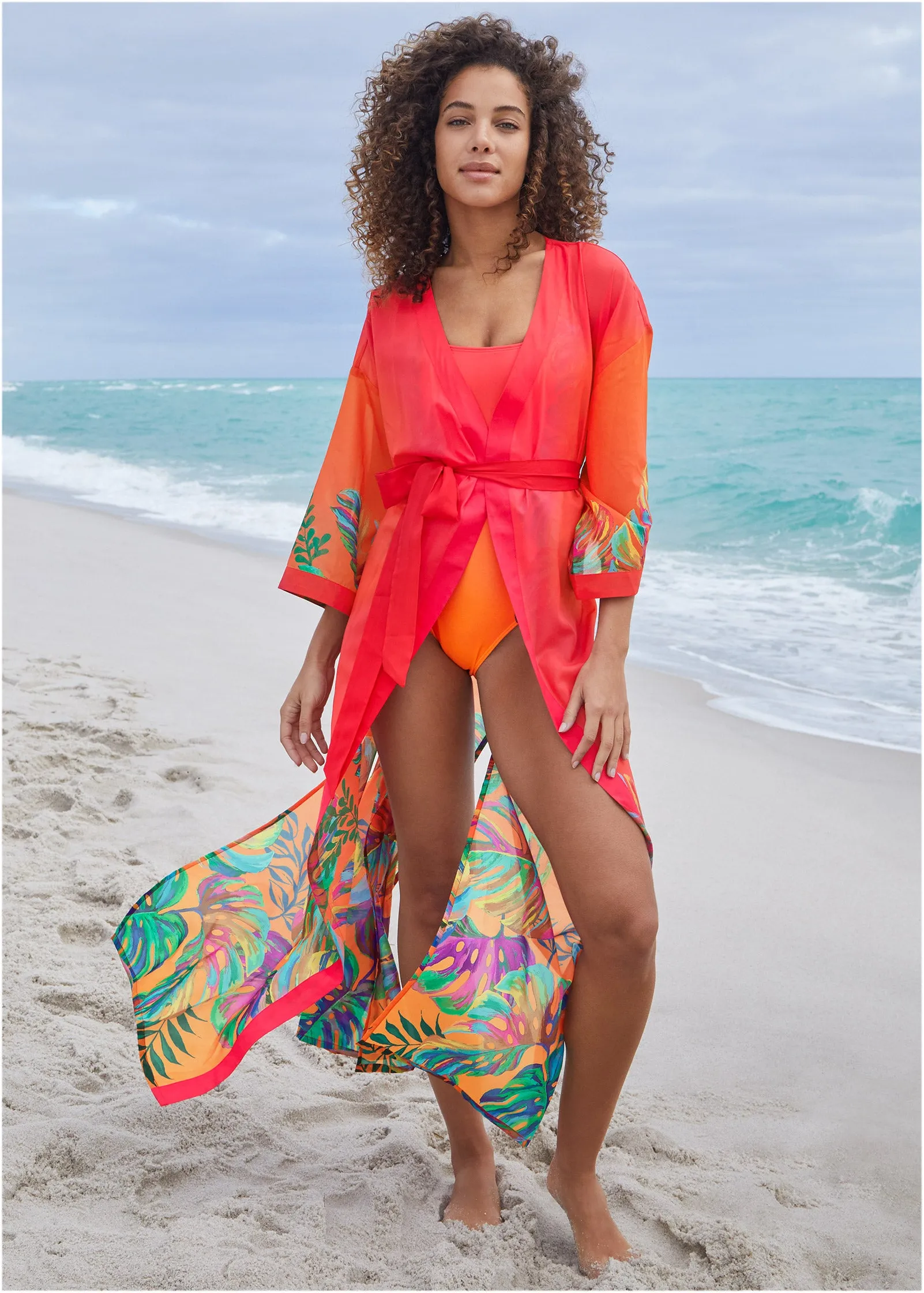 Belted Kimono Cover-Up - Tropical Sunset Border