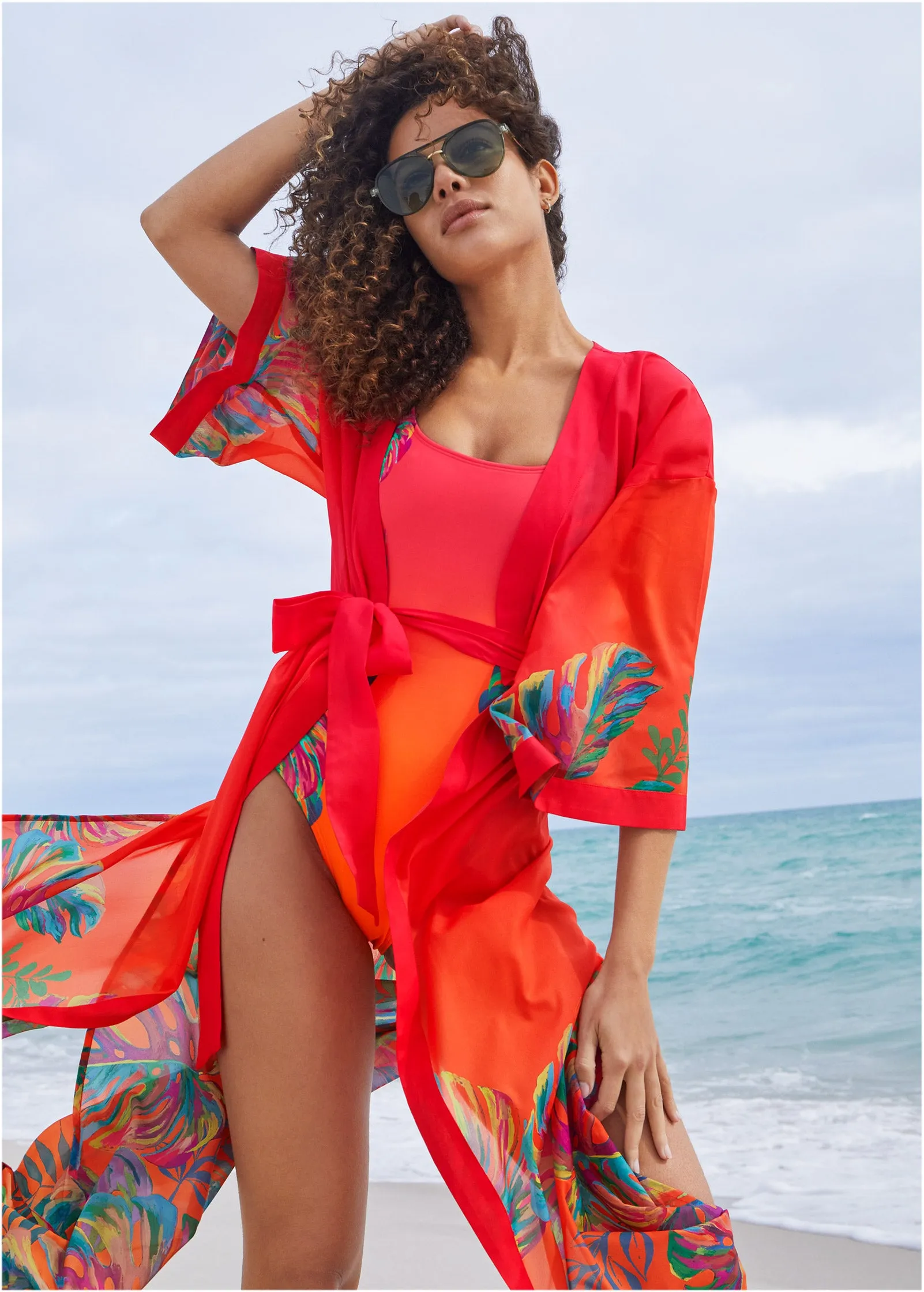 Belted Kimono Cover-Up - Tropical Sunset Border