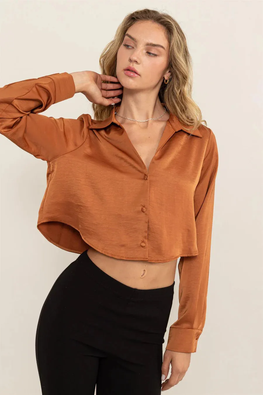 Button-Down Silky Cropped Shirt