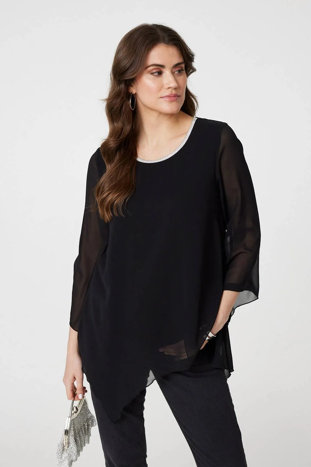 Contrast Stitch Semi Sheer Hanky Hem Top