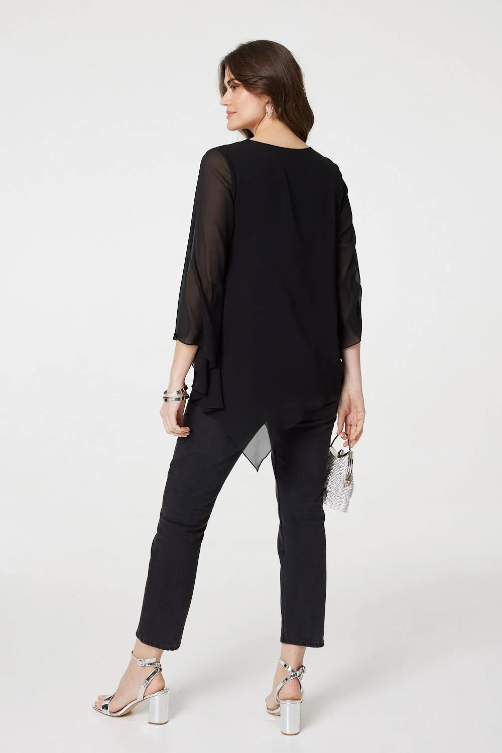 Contrast Stitch Semi Sheer Hanky Hem Top