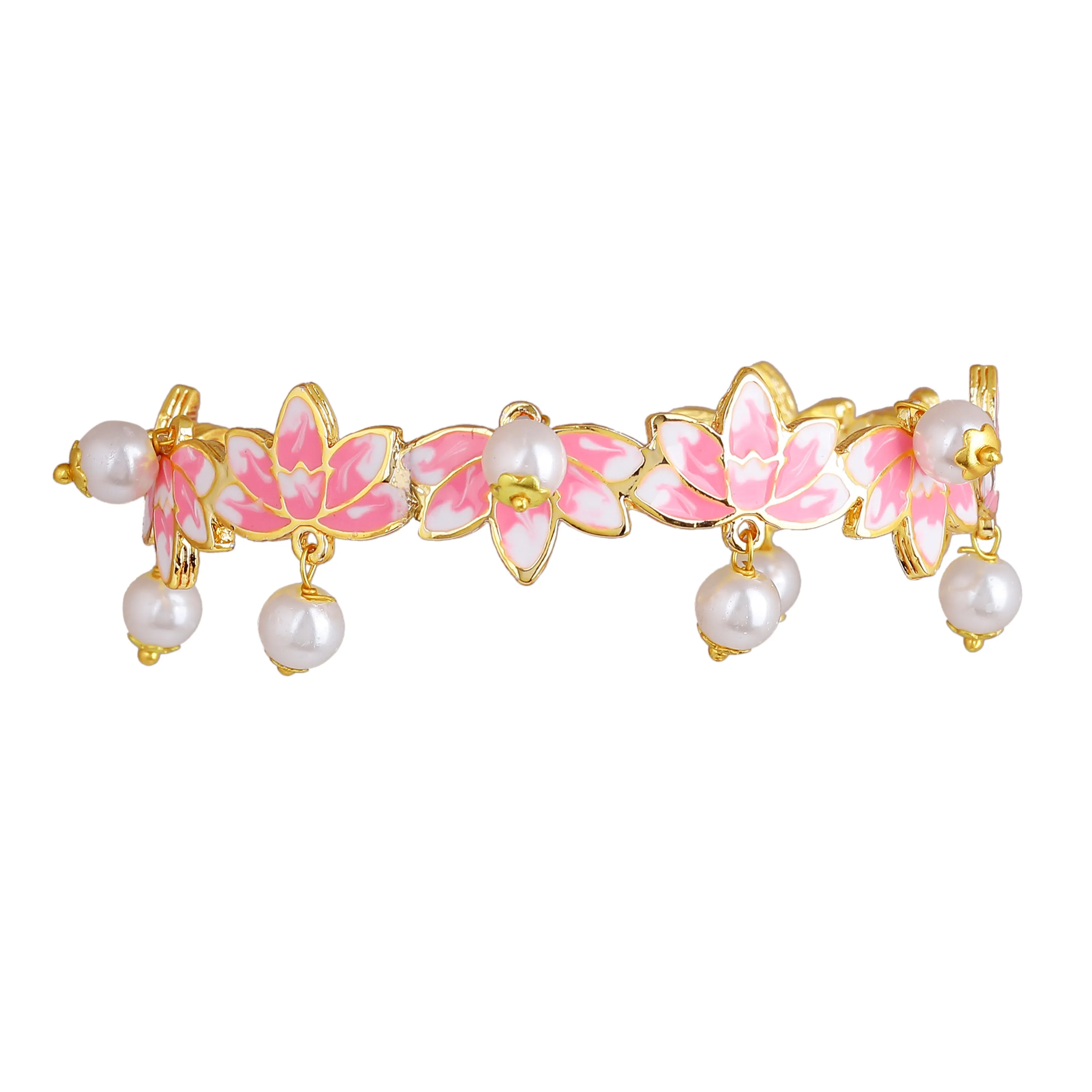 Estele Gold Plated Charismatic Lotus Designer Pearl Drop Cuff Bracelet with Pink Enamel for Girl's & Women