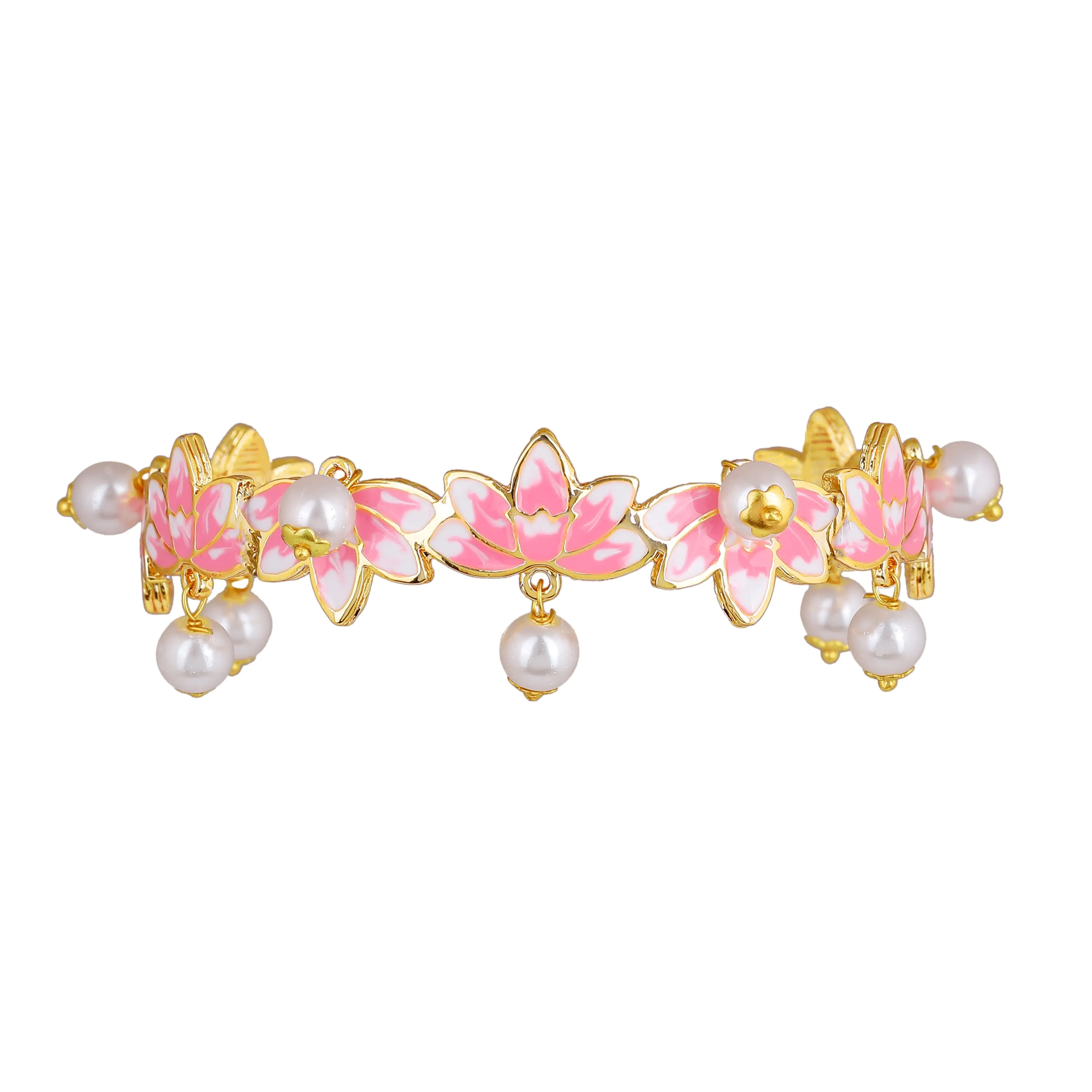 Estele Gold Plated Charismatic Lotus Designer Pearl Drop Cuff Bracelet with Pink Enamel for Girl's & Women