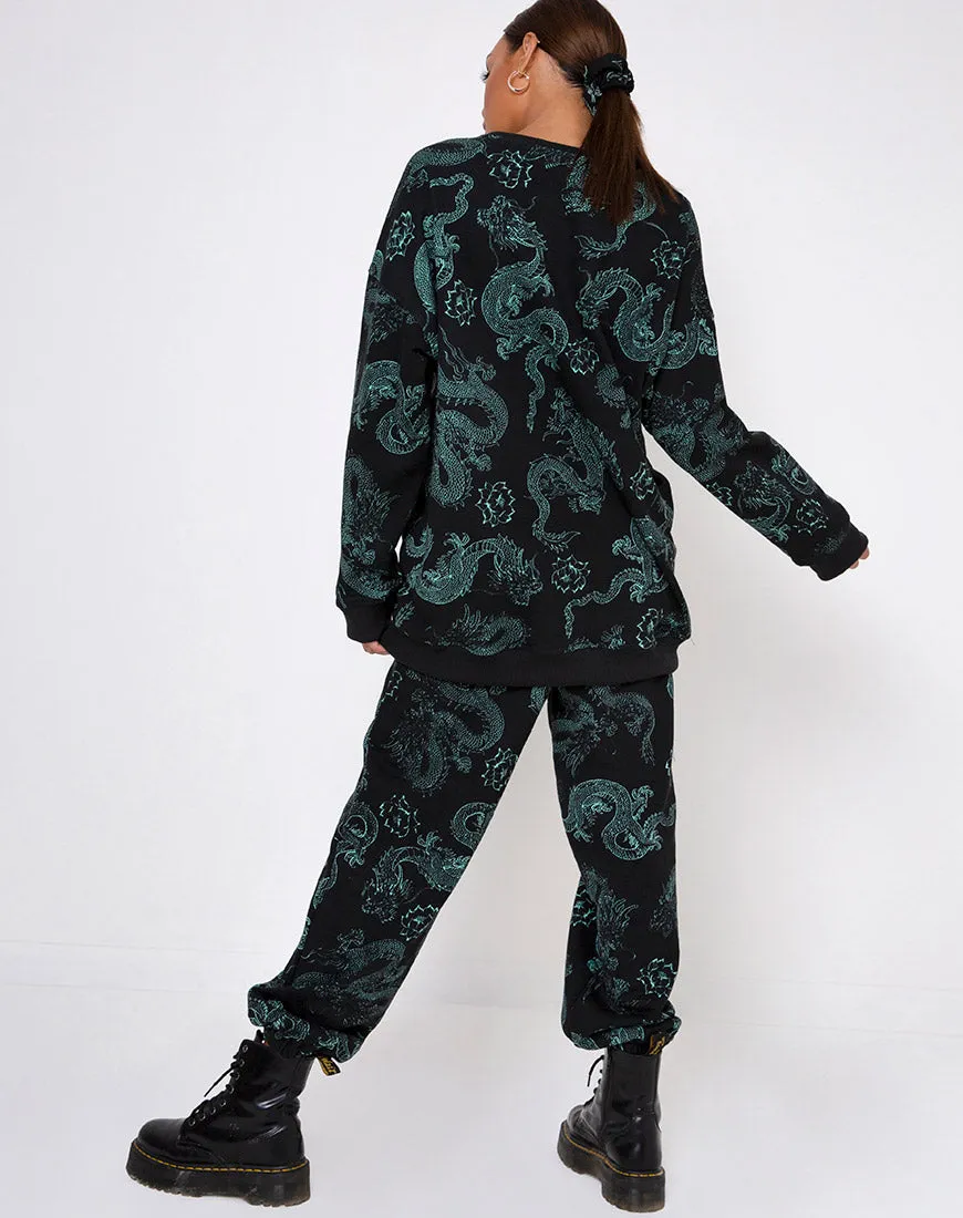 Glo Sweatshirt in Dragon Flower Black and Mint