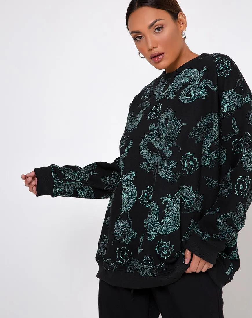 Glo Sweatshirt in Dragon Flower Black and Mint