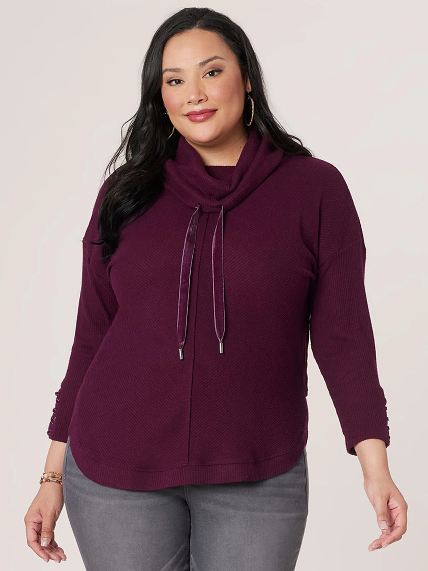 Long Sleeve Cowl Neck Plus Size Knit Tunic with Velvet Ties