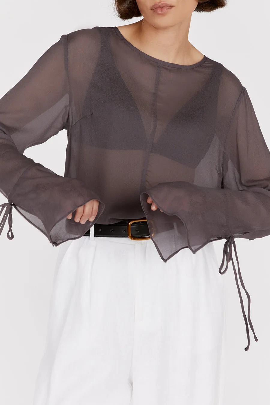 MARI EGGPLANT SHEER LONG SLEEVE TOP