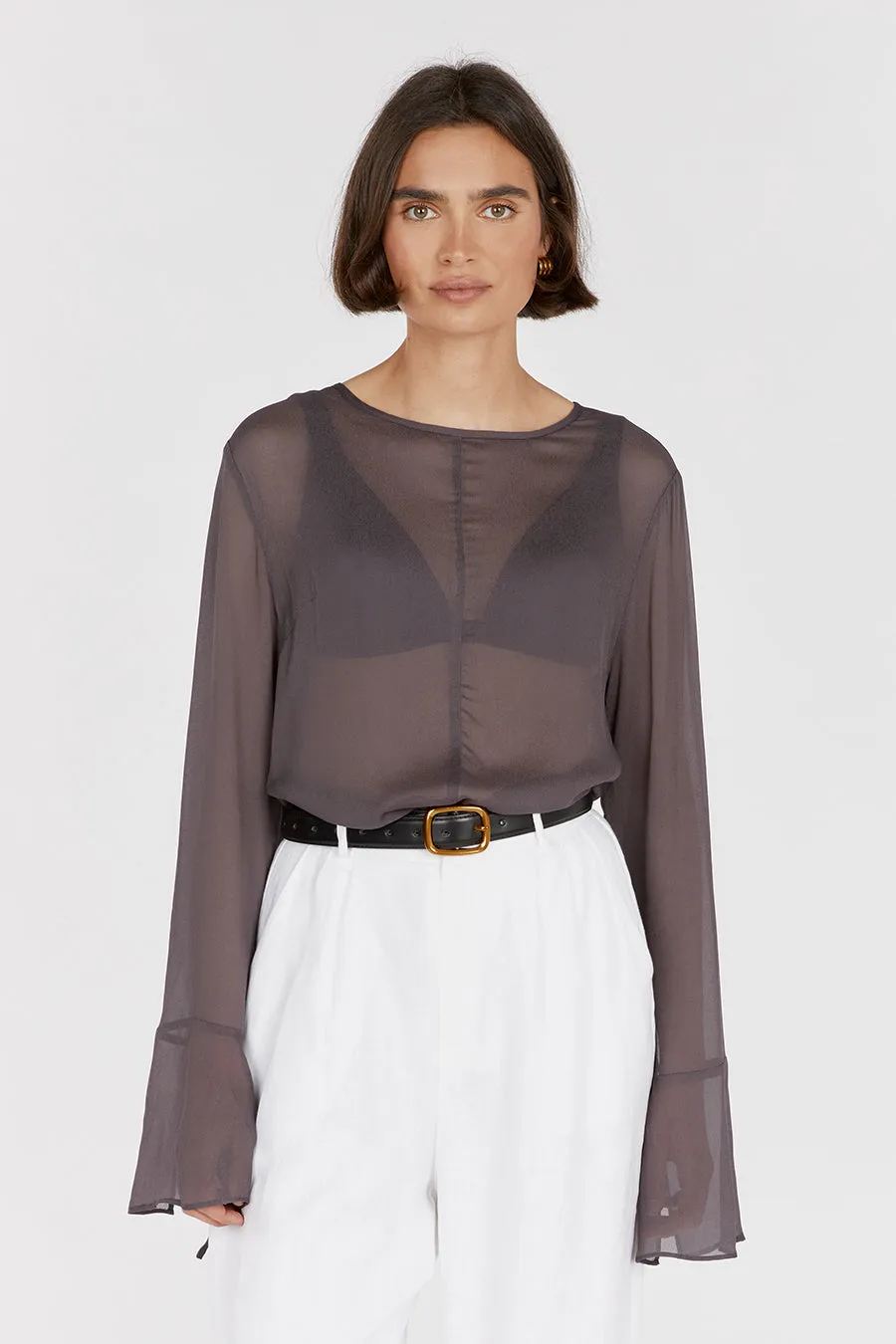 MARI EGGPLANT SHEER LONG SLEEVE TOP