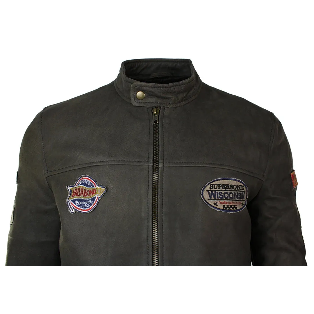 Men's Brown Leather Racer Badge Biker Jacket Washed Distressed