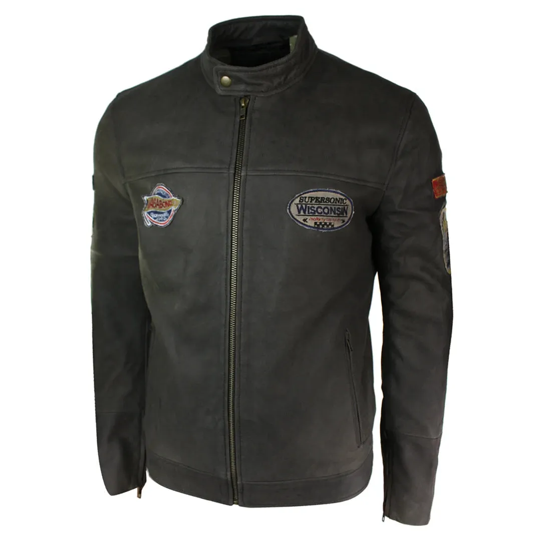 Men's Brown Leather Racer Badge Biker Jacket Washed Distressed