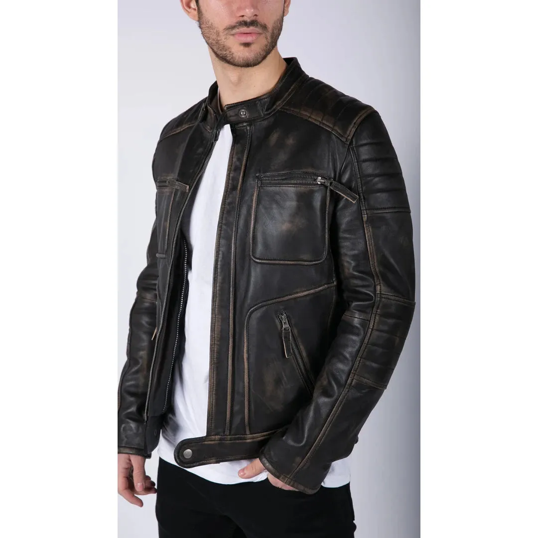 Men's Leather Black Brown Washed Jacket Biker Zipped