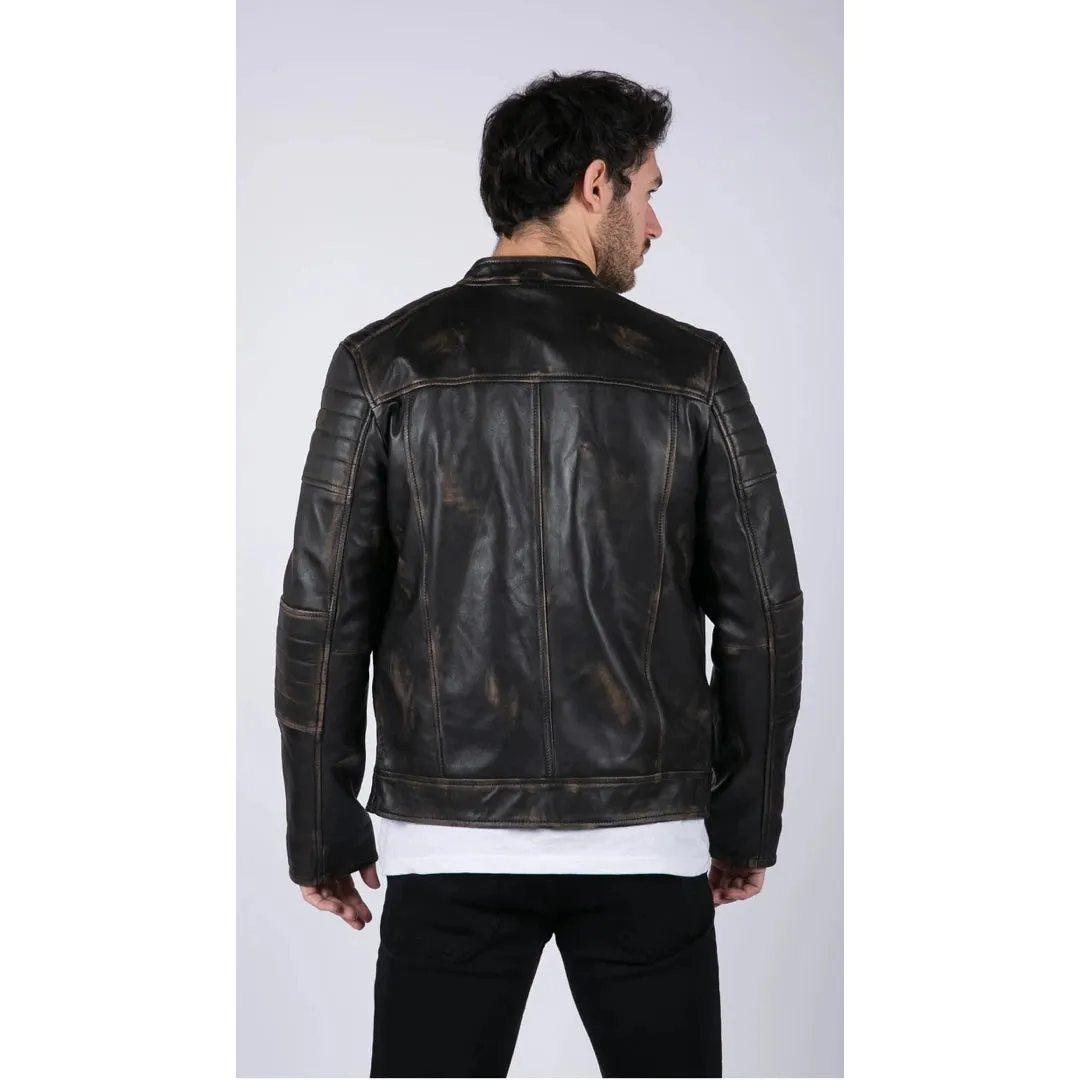 Men's Leather Black Brown Washed Jacket Biker Zipped