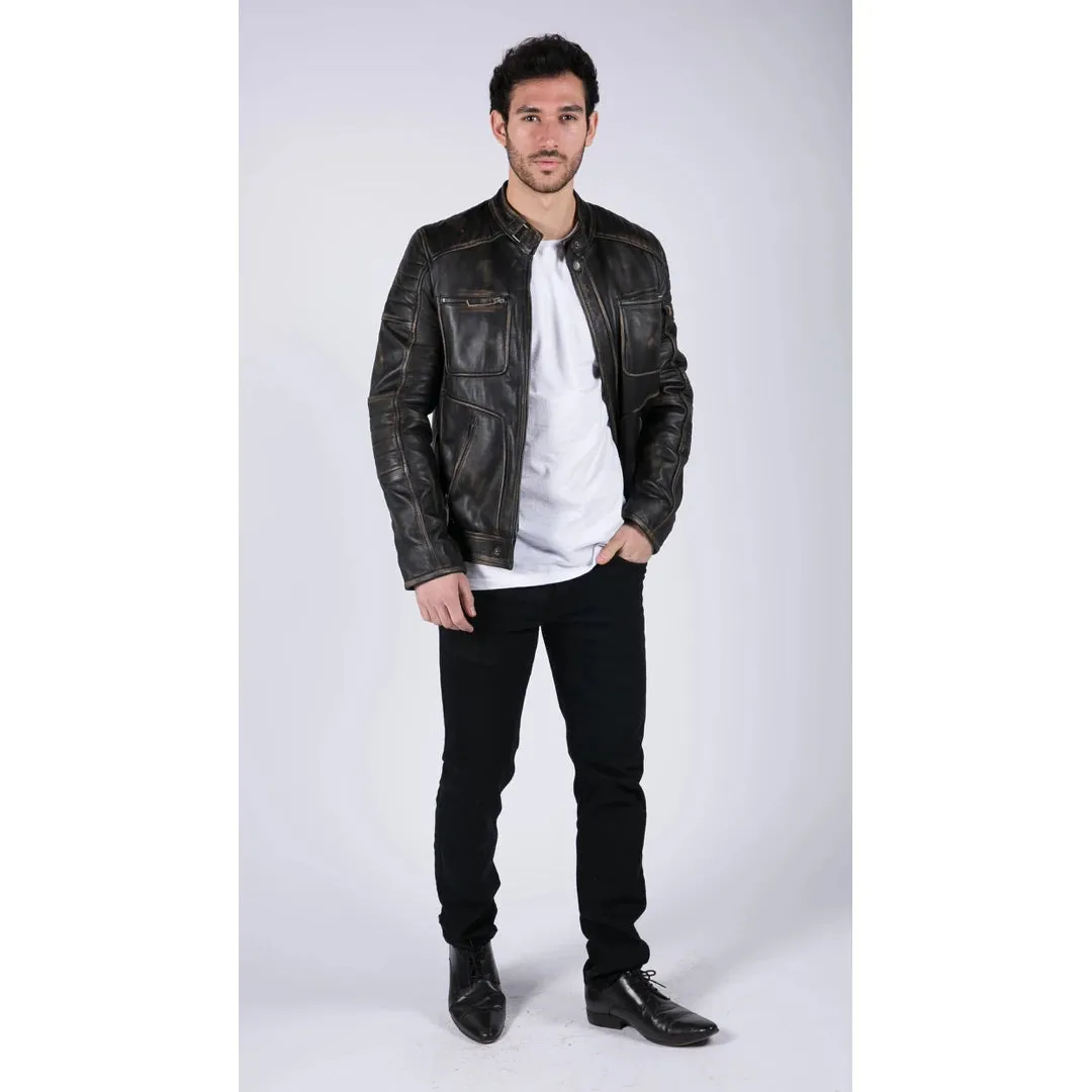 Men's Leather Black Brown Washed Jacket Biker Zipped