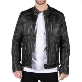 Men's Leather Black Brown Washed Jacket Biker Zipped