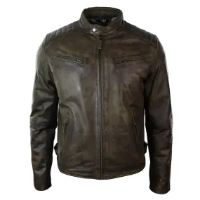 Men's Zipped Biker Jacket Washed Leather Brown Urban