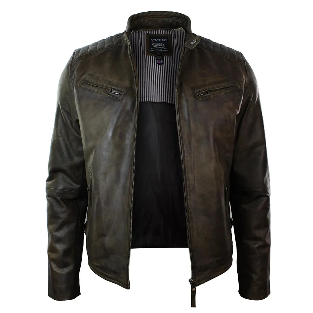 Men's Zipped Biker Jacket Washed Leather Brown Urban