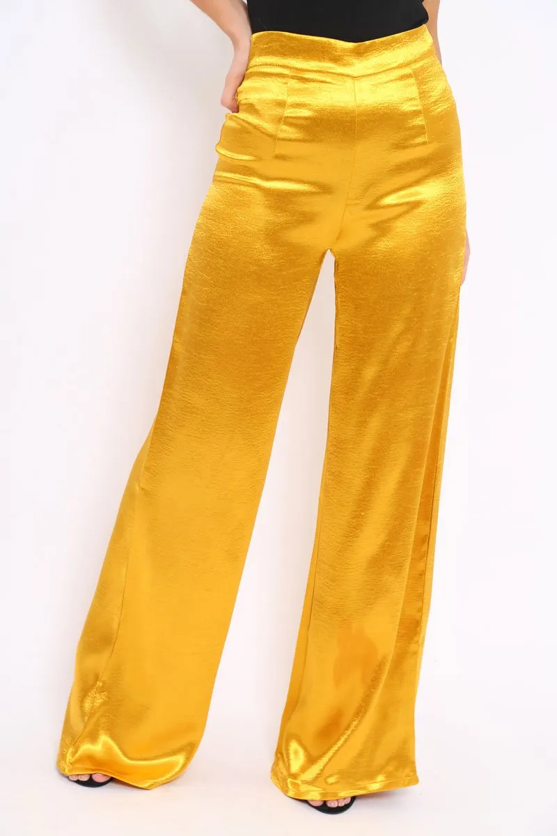 Mustard Satin High Waist Flare Trousers -Tisha