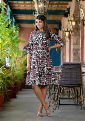 Muti Color Ikat Printed Liva Rayon Dress With Tie-Ups & Button Closure