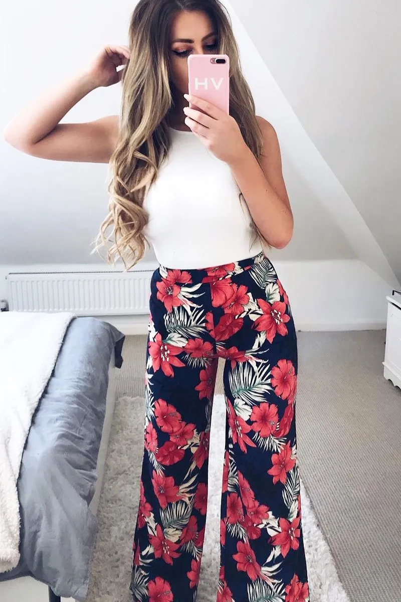 Navy Floral High Waist Flare Trousers - Tisha