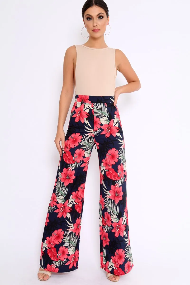 Navy Floral High Waist Flare Trousers - Tisha