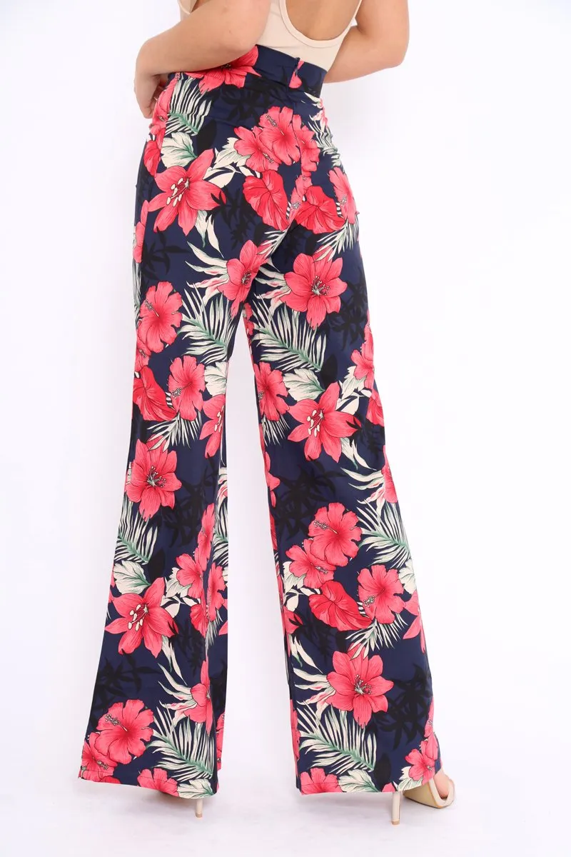 Navy Floral High Waist Flare Trousers - Tisha