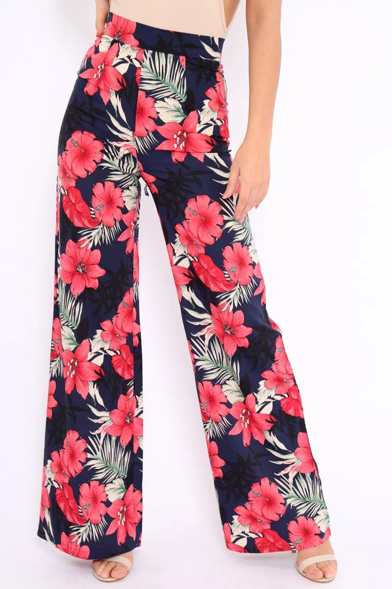 Navy Floral High Waist Flare Trousers - Tisha