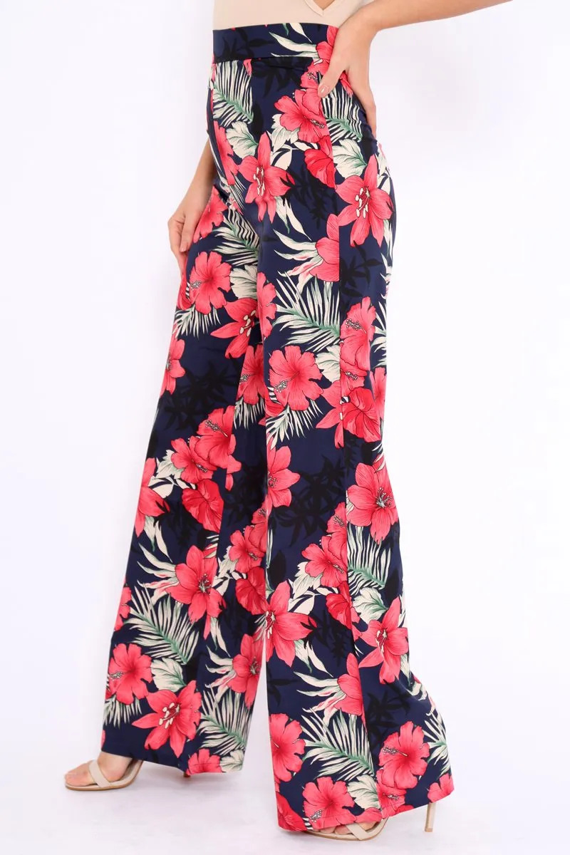 Navy Floral High Waist Flare Trousers - Tisha