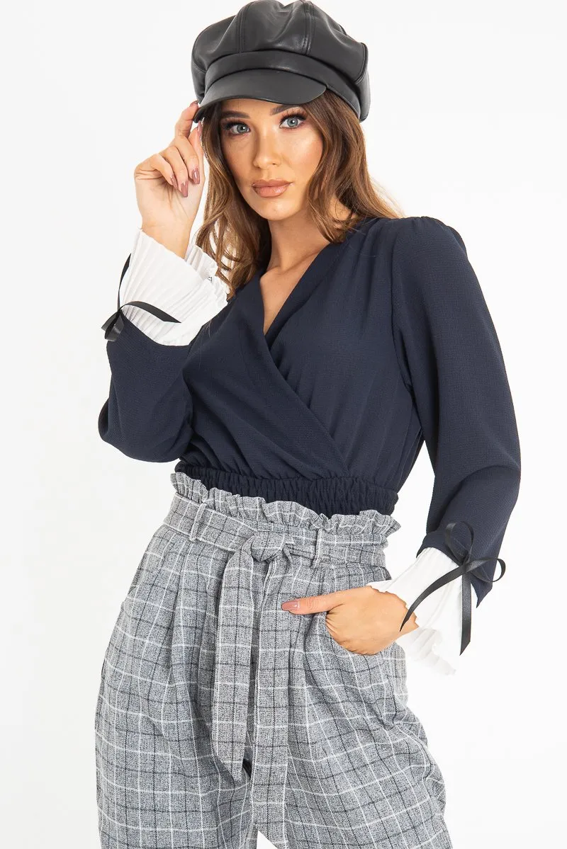 Navy Plunge Shirred Waist Pleated Sleeve Blouse - Skylar