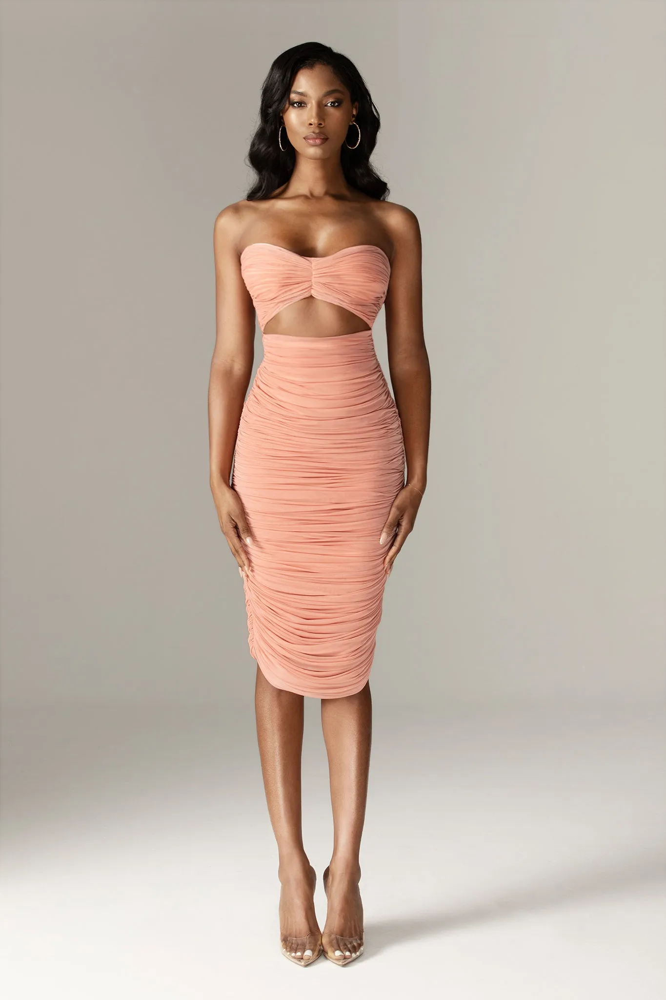 Nelsi Strapless Ruched Midi Dress (Warm Pink)