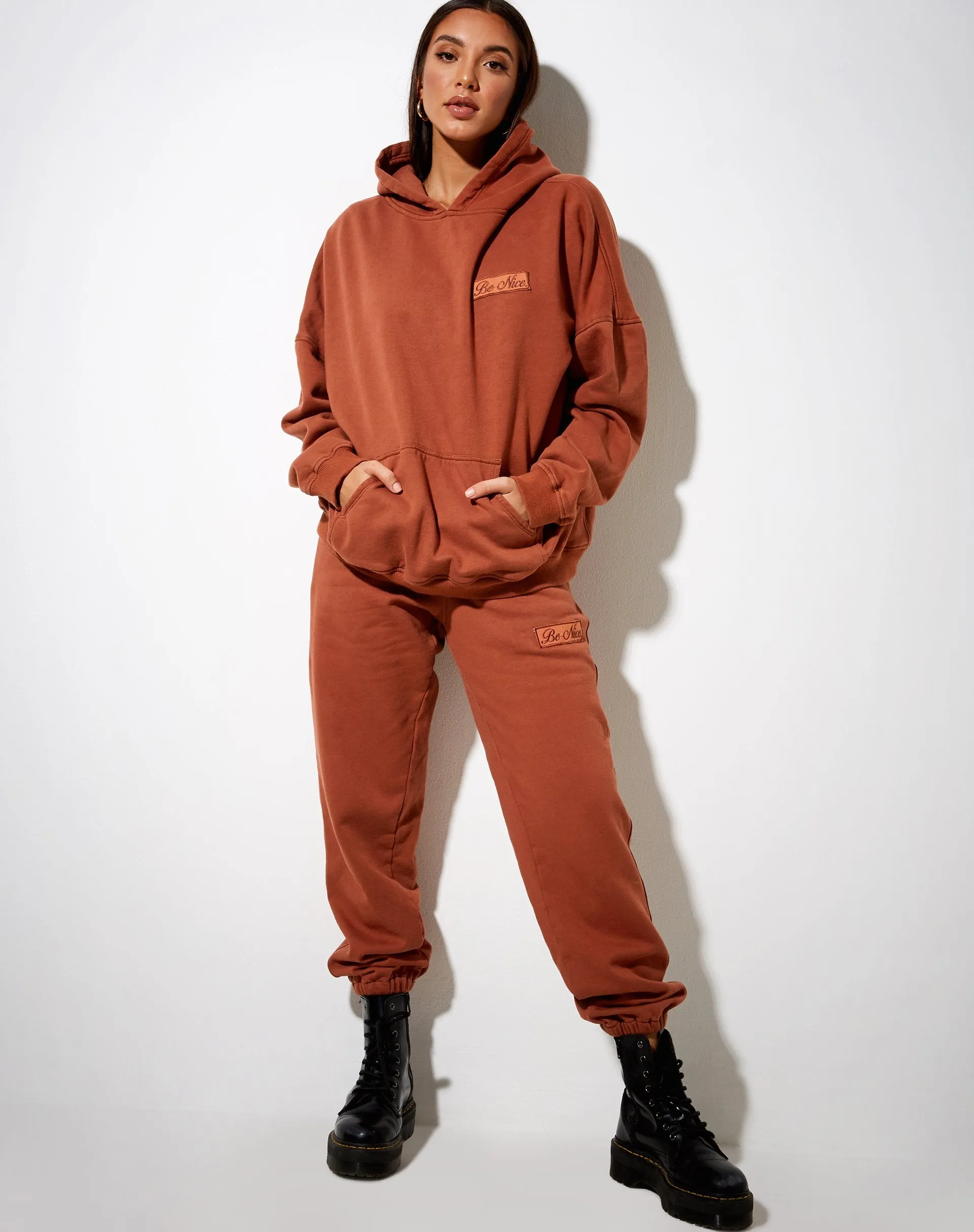 Oversize Hoodie in Burnt Brick 'Be Nice' Label Embro