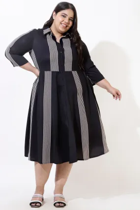 Plus Size Black Stripes Crepe Shirt Dress