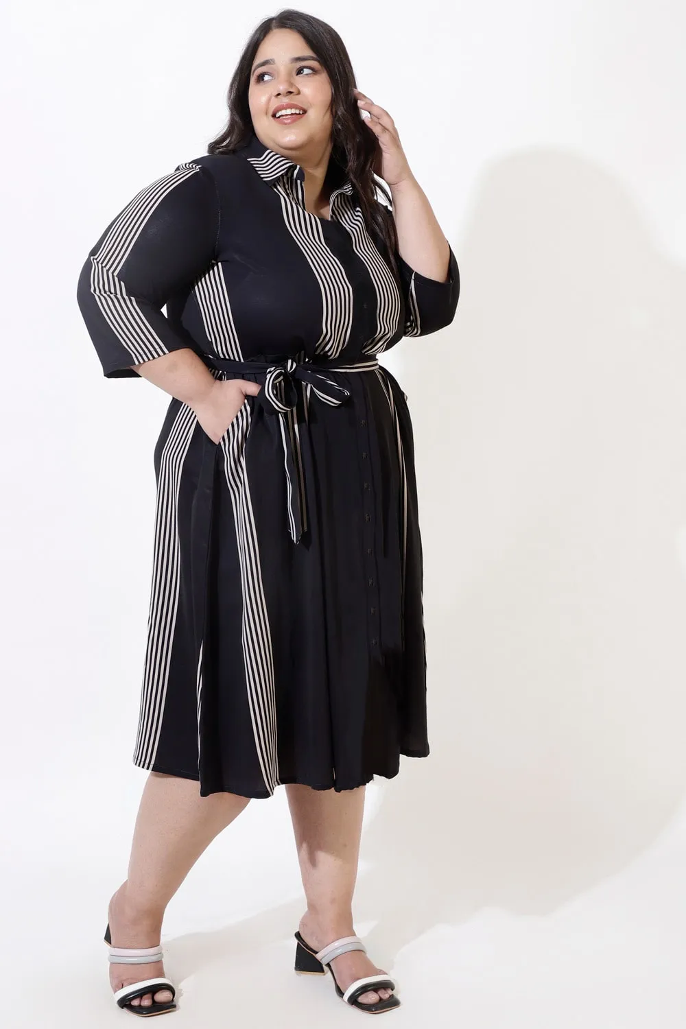 Plus Size Black Stripes Crepe Shirt Dress