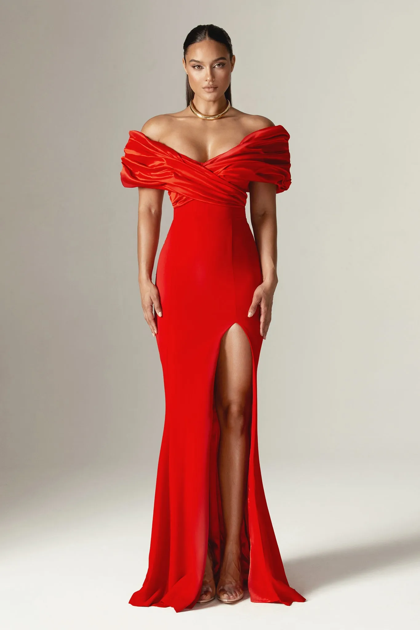 Presley Crepe Ruffle Shoulder Gown Dress (Red)