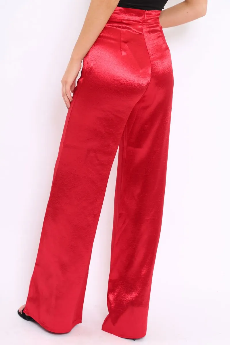 Red Satin High Waist Flare Trousers -Tisha