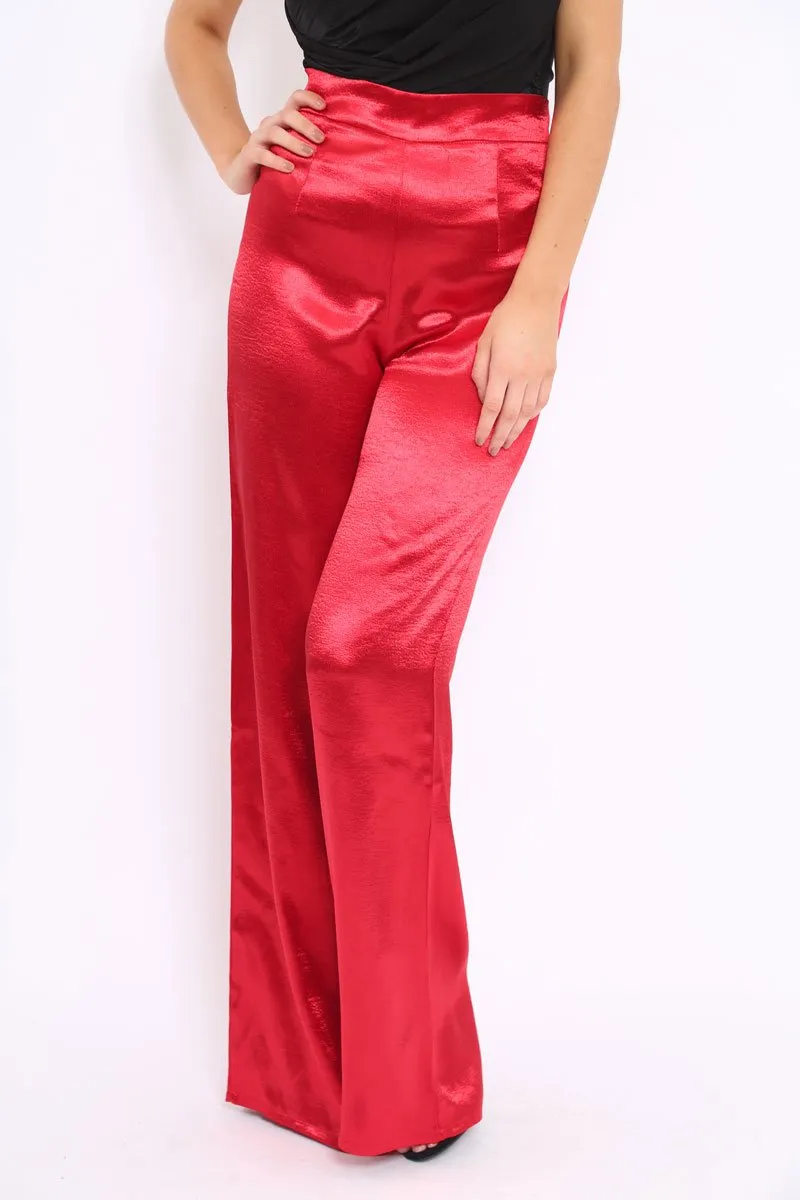 Red Satin High Waist Flare Trousers -Tisha