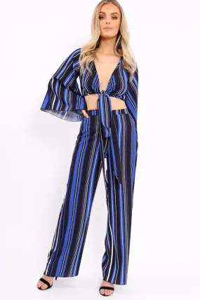 Royal Blue, Black and White Striped High Waist Flare Trousers - Jen