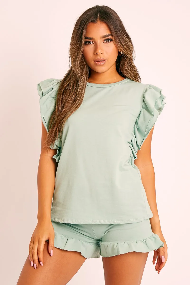 Sage Frill Hem T-shirt Short Loungewear Co-ord - Daleiza