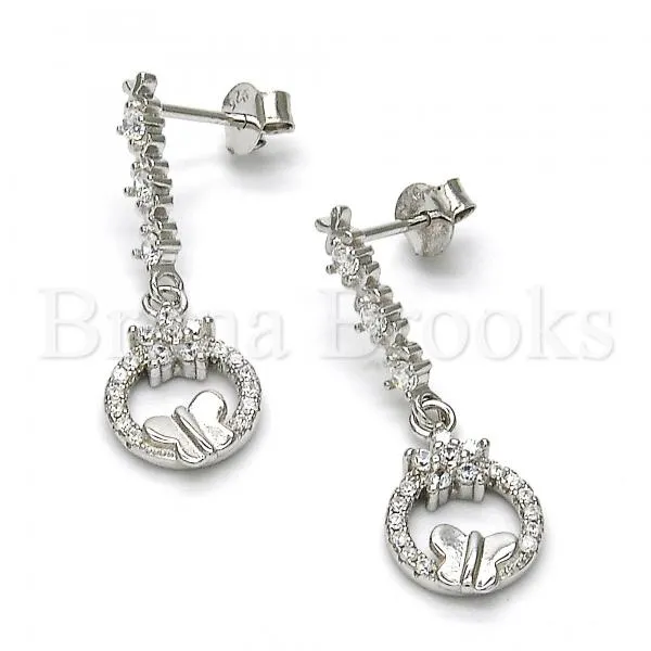 Sterling Silver 02.175.0129 Dangle Earring, Flower and Butterfly Design, with White Cubic Zirconia and White Crystal, Polished Finish, Rhodium Tone