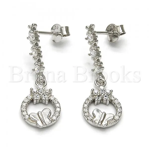 Sterling Silver 02.175.0129 Dangle Earring, Flower and Butterfly Design, with White Cubic Zirconia and White Crystal, Polished Finish, Rhodium Tone