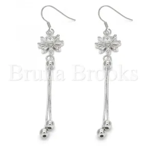 Sterling Silver 02.183.0025 Long Earring, Flower Design, with White Cubic Zirconia, Polished Finish, Rhodium Tone