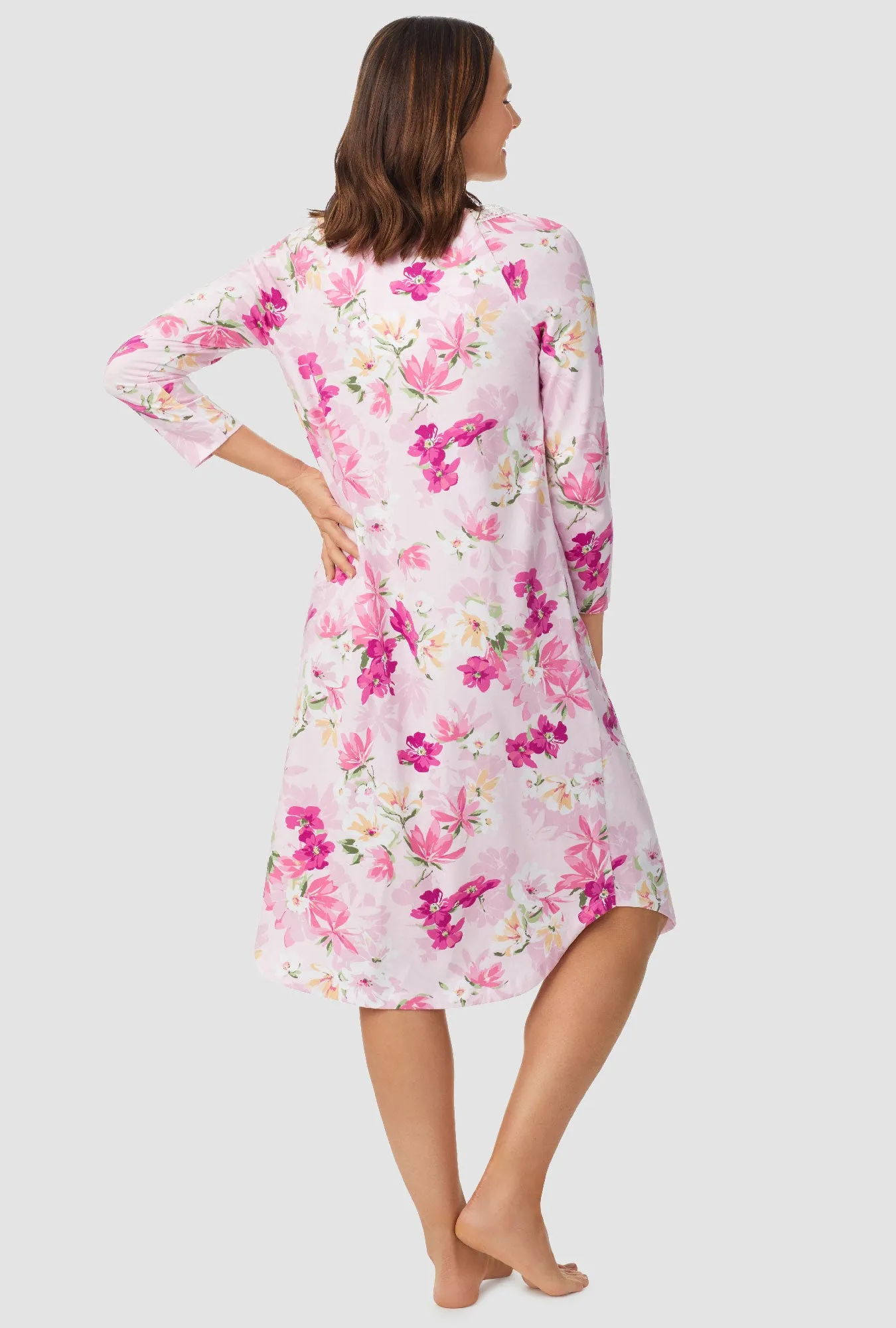 White and Magenta Floral 3/4 Sleeve Nightgown