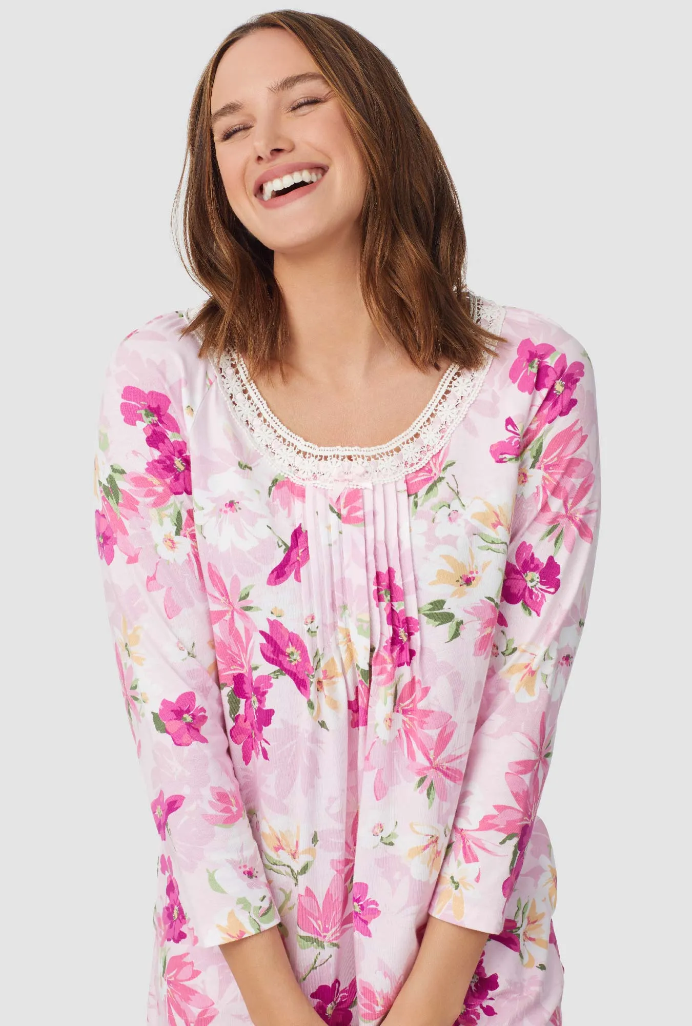 White and Magenta Floral 3/4 Sleeve Nightgown