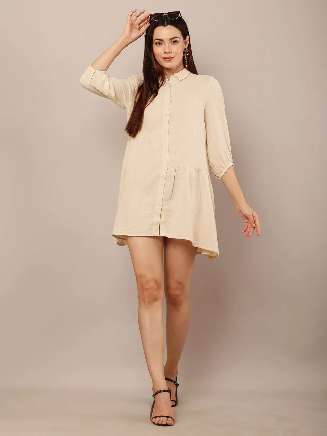 Women Beige Shirt Collar Mini Dress