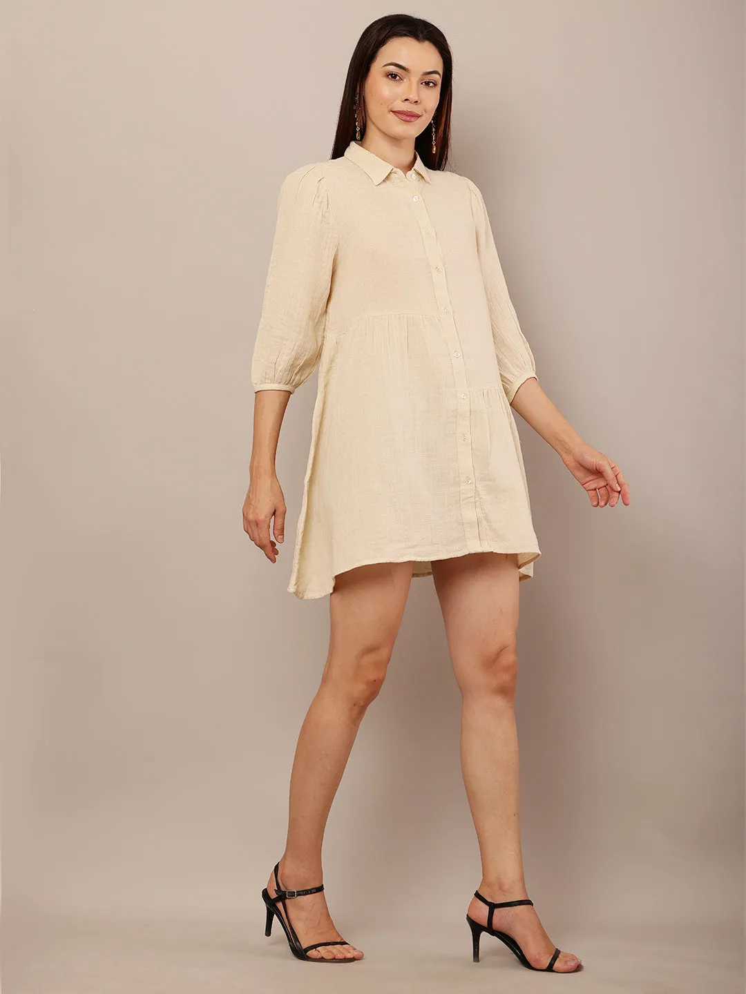 Women Beige Shirt Collar Mini Dress