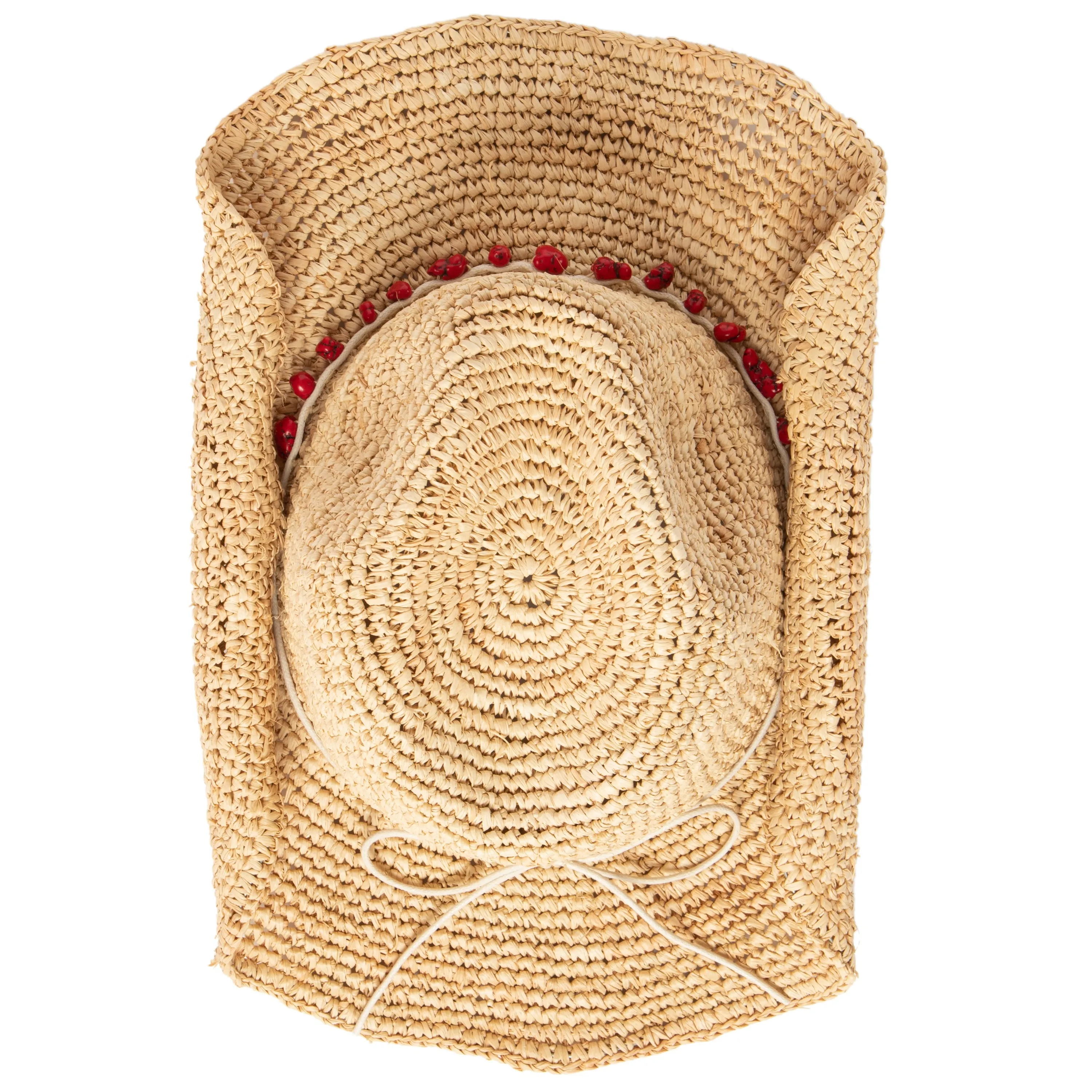 Women's Crocheted Raffia Cowboy Hat with Stone Trim