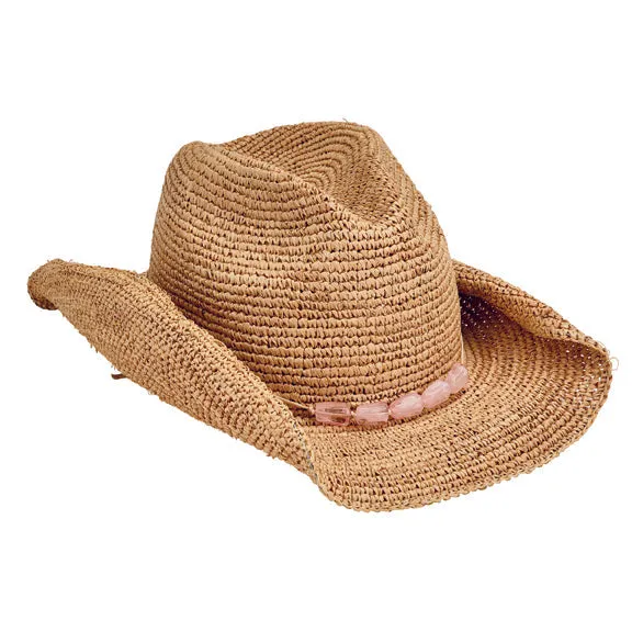 Women's Crocheted Raffia Cowboy Hat with Stone Trim