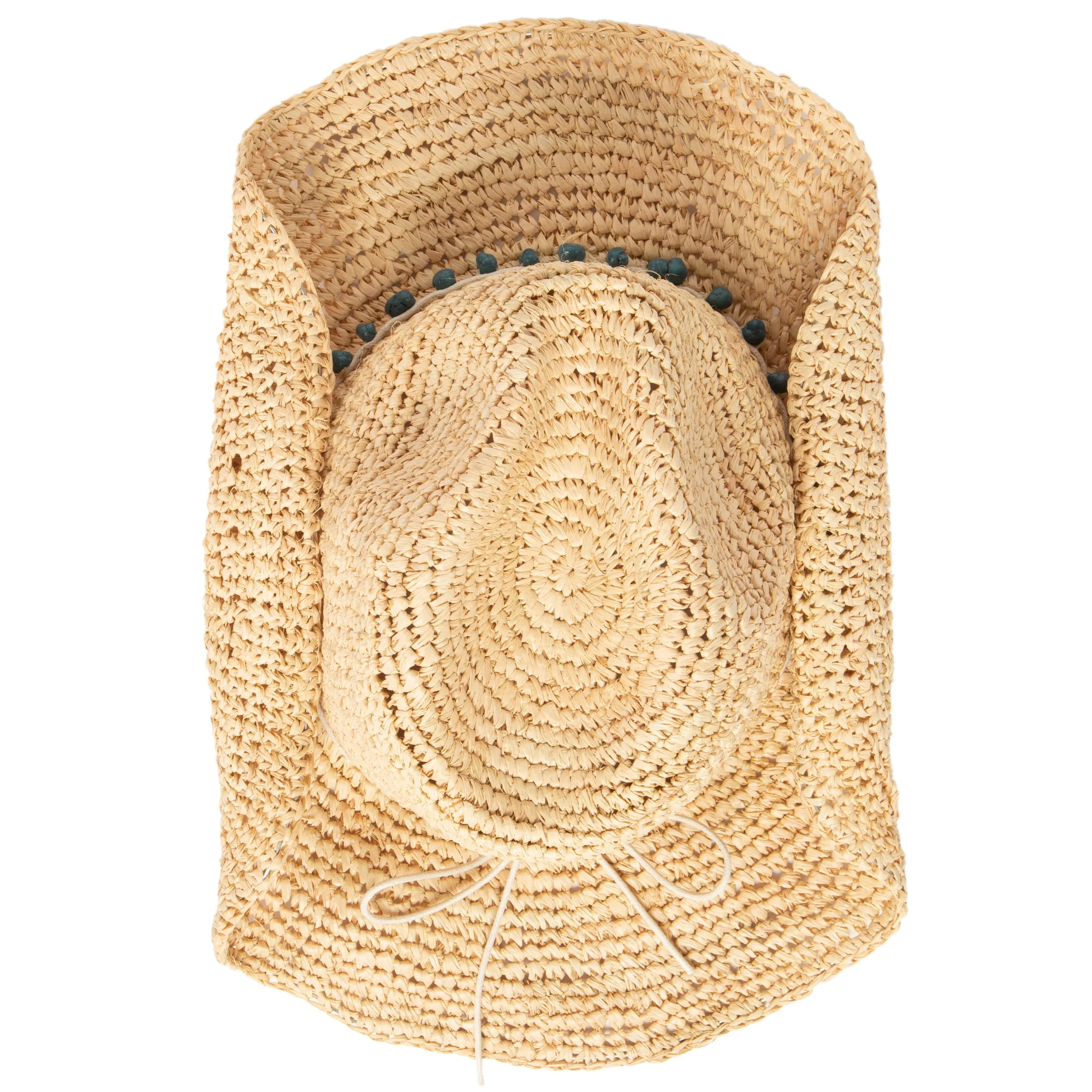 Women's Crocheted Raffia Cowboy Hat with Stone Trim